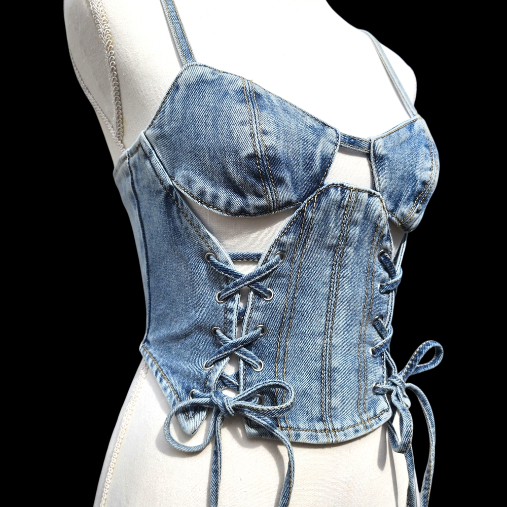 PrettyLittleThing Light Blue Wash Denim Lace Up Corset Top Petite XS - Picture 2 of 8